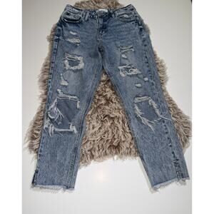 Kancan women’s distressed stone washed blue jeans